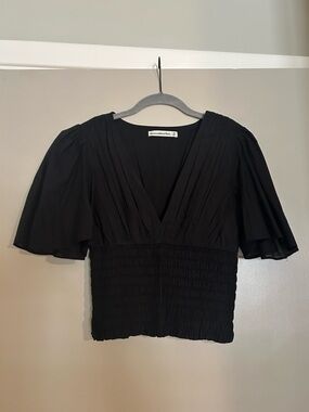 Abercrombie & Fitch Black V-Neck Smocked Waist Flutter Sleeve Top